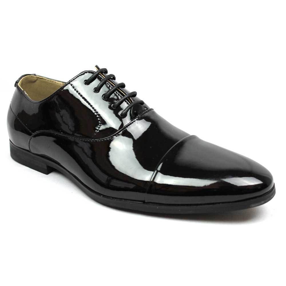 New Men's Black Tuxedo Cap Toe Lace Up Oxford Dress Shoes Shiny Patent By AZAR