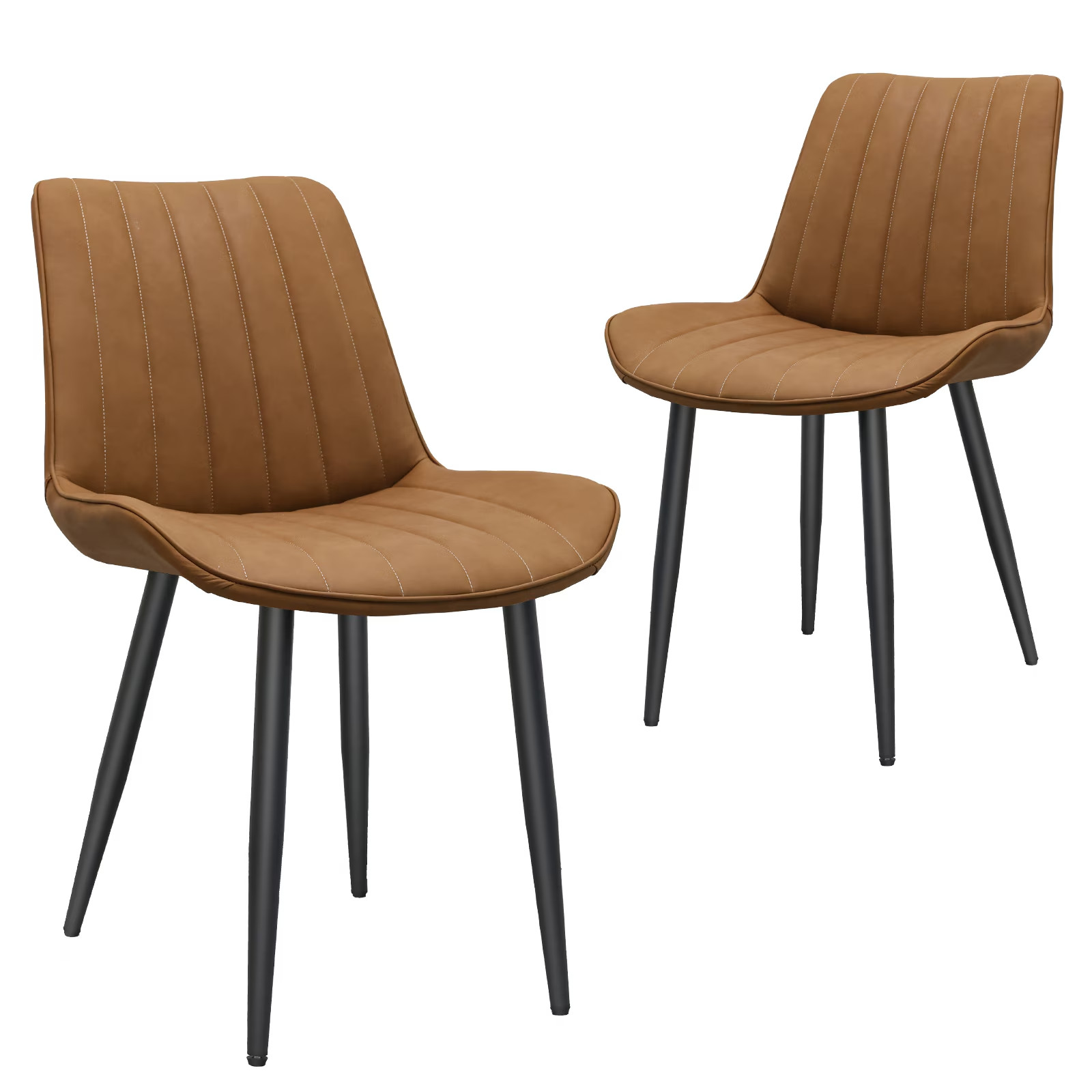 Brown PU Leather Dining Chair with Metal Legs, Wave Pattern Upholstered Armles
