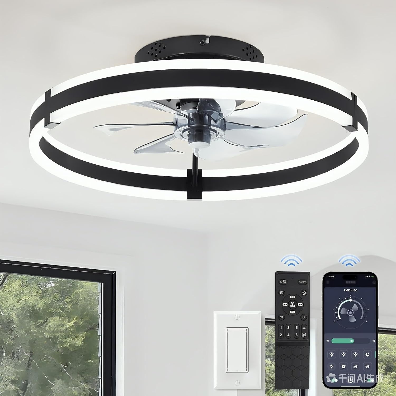 Modern Ceiling Fan Light Remote Dimmable LED Flush Mount Fandelier Black