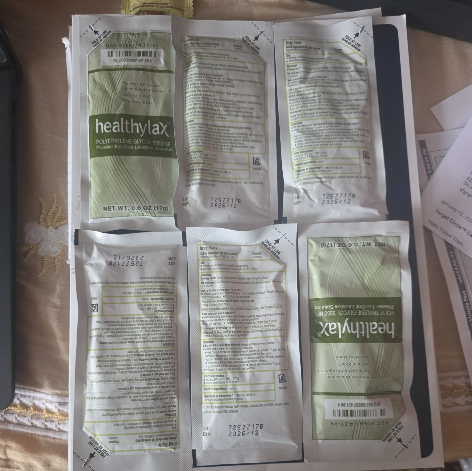Healthylax Polyethylene Glycol 3350 NF Powder Packets of 6 Count exp 12/26