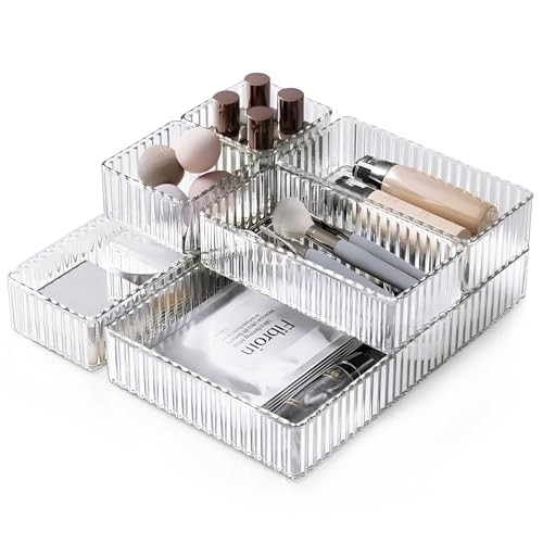 7PCS Clear Drawer Organizers Bins, 4 Size Stackable Makeup Drawer 7 Pack