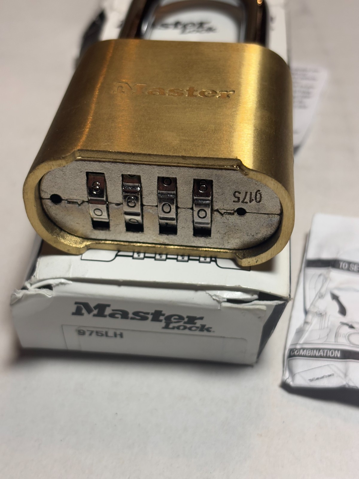 Master Lock 975LH Long Shackle Brass 4-Digit Combination Padlock New Open Box