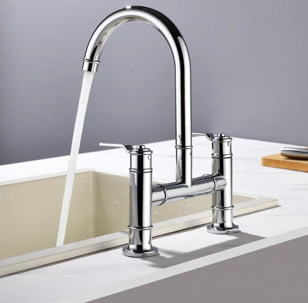 Brass Chrome Kitchen Faucet Double Handles Sink Mixer Tap Two Holes Deck Mounted