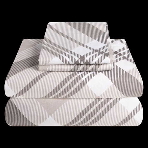 Bibb Home 4-Piece Flannel Sheet Set Printed (Grey Plaid, Twin)