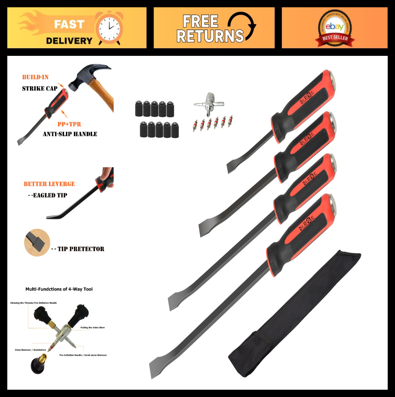 4pcs Heavy Duty Pry Bar Set - Ergonomic Handles, Strike Cap, Angled Tip Tools fo