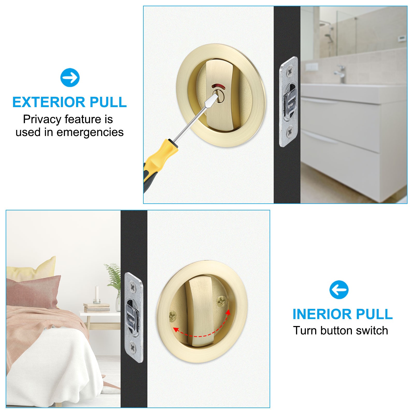 2Pcs Round Recessed Door Lock with Color Coded Indicators 2 3/8" Backset Silver