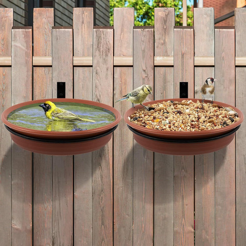 Fence Bird Feeders Tray - 2pcs Tree Mounted Wild Bath for 2pcs, Brown