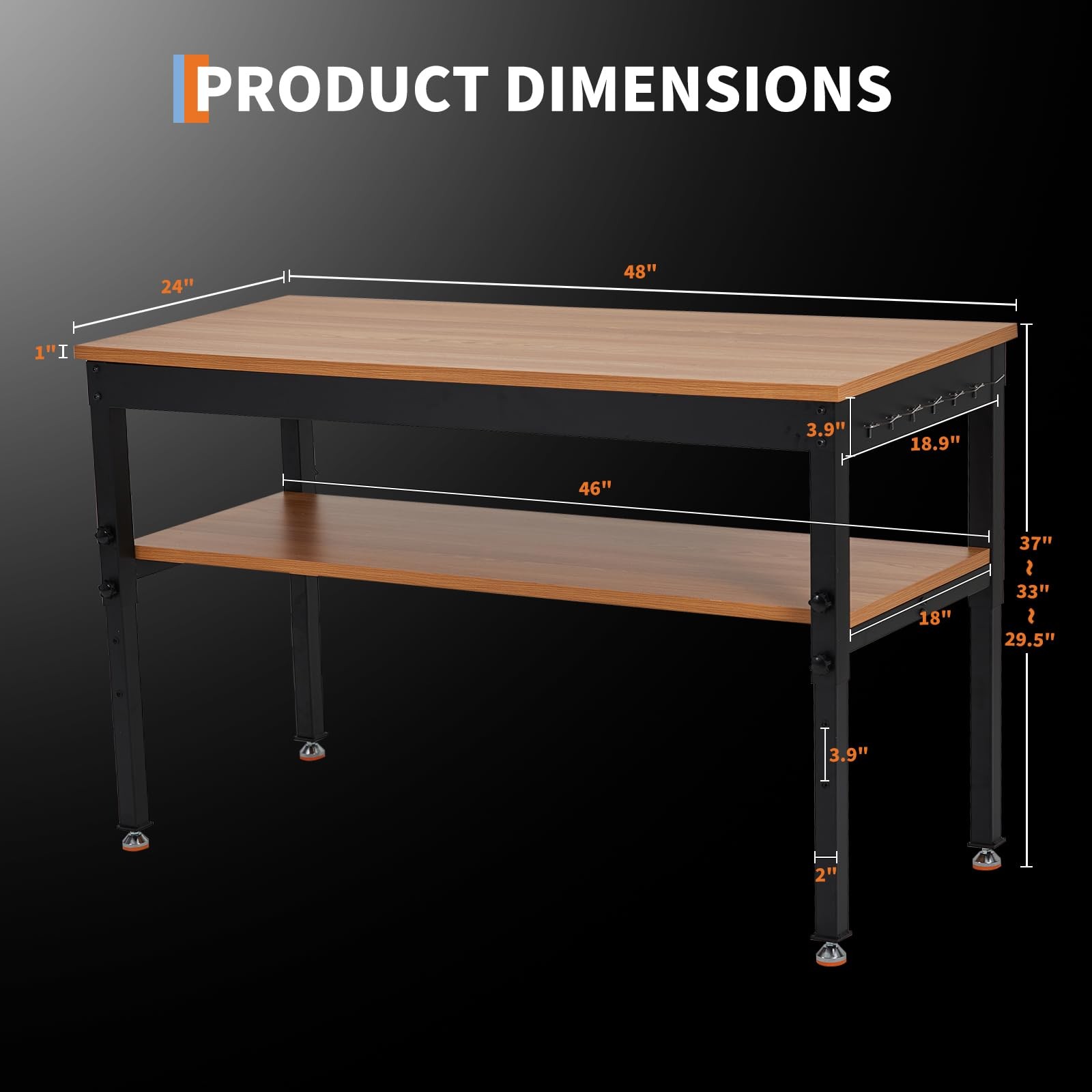 48" Workbench Adjustable Height Work Table 2500LBS w/Power Outlet ,Storage Shelf