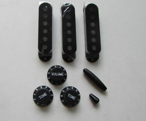 ST Pickup Covers Guitar Volume Tone Knobs Switch,Trem Arm Tip fits Strat Black