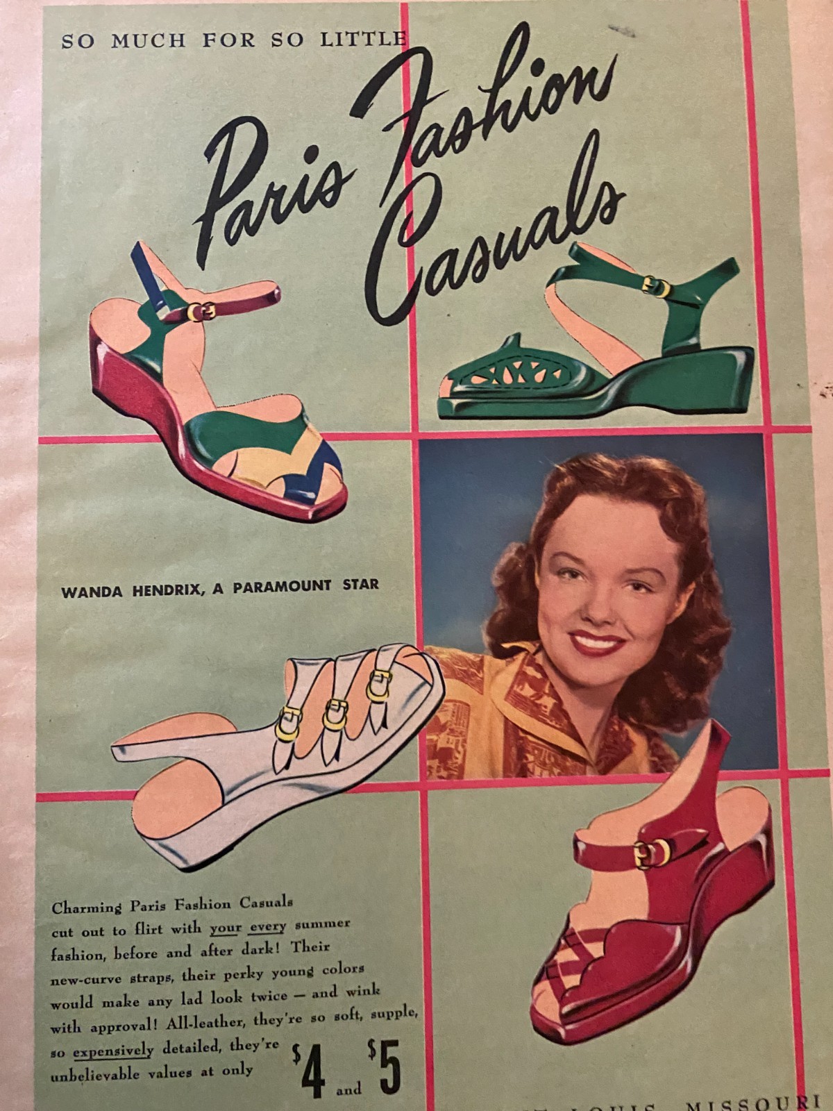 Wanda Hendrix, Paris Fashion Shoes, Full Page Vintage Print Ad, aa