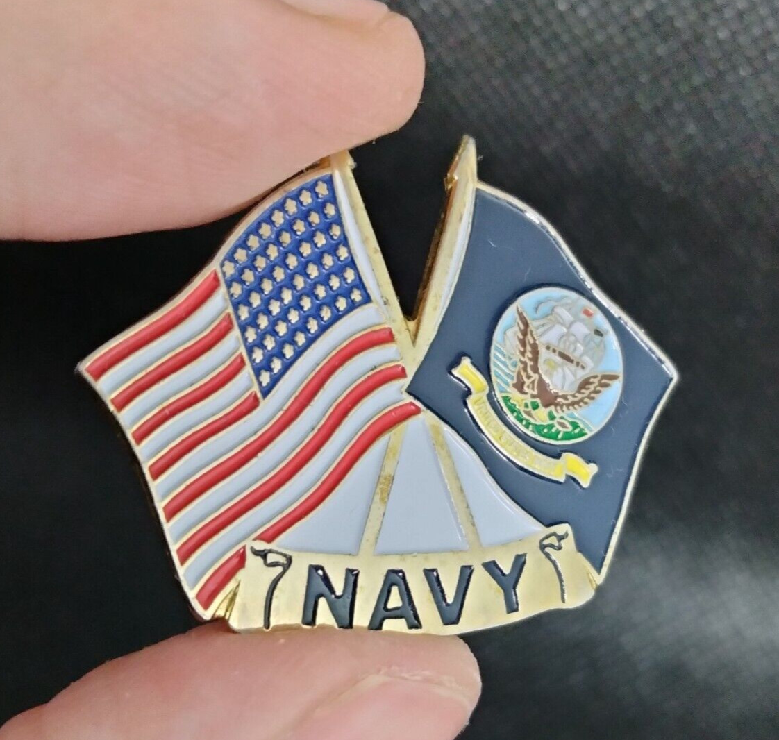 United States Flag and Navy Flag with Logo Lapel Pin Enamel over Gold tone
