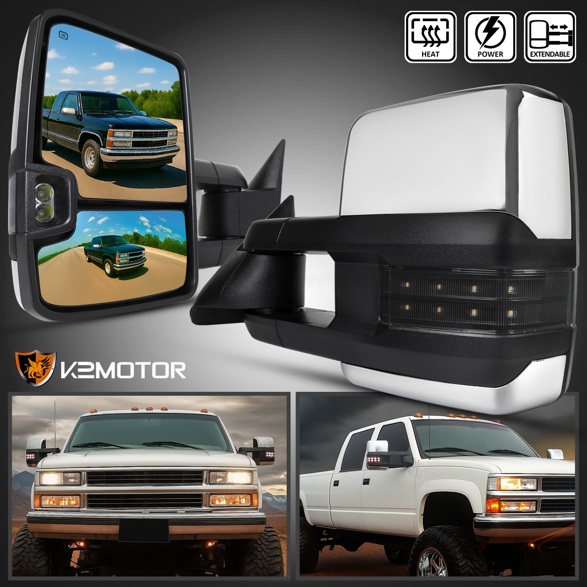 Fits 1988-1998 Chevy C/K 1500 Chrome Power Heated Tow Mirrors+Smoke LED Signal