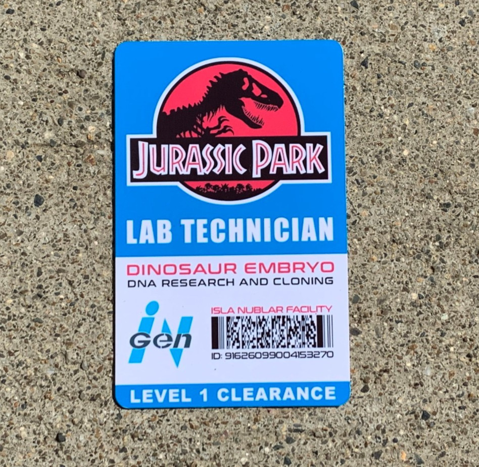 Jurassic Park LAB TECHNICIAN  Pass Novelty ID Badge Prop HIGH DEF PRINTING