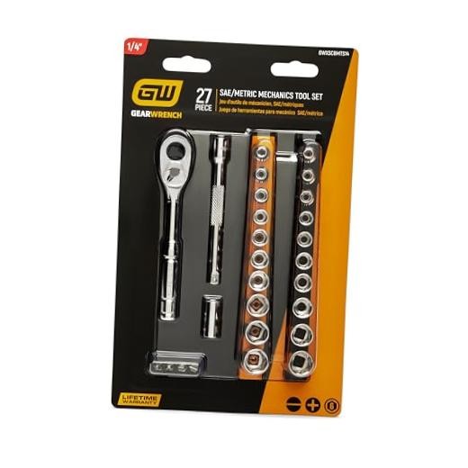 GEARWRENCH Mechanics Hand Tool Set, 27 Pc, 1/4 in Drive, 27 Piece SAE/Metric