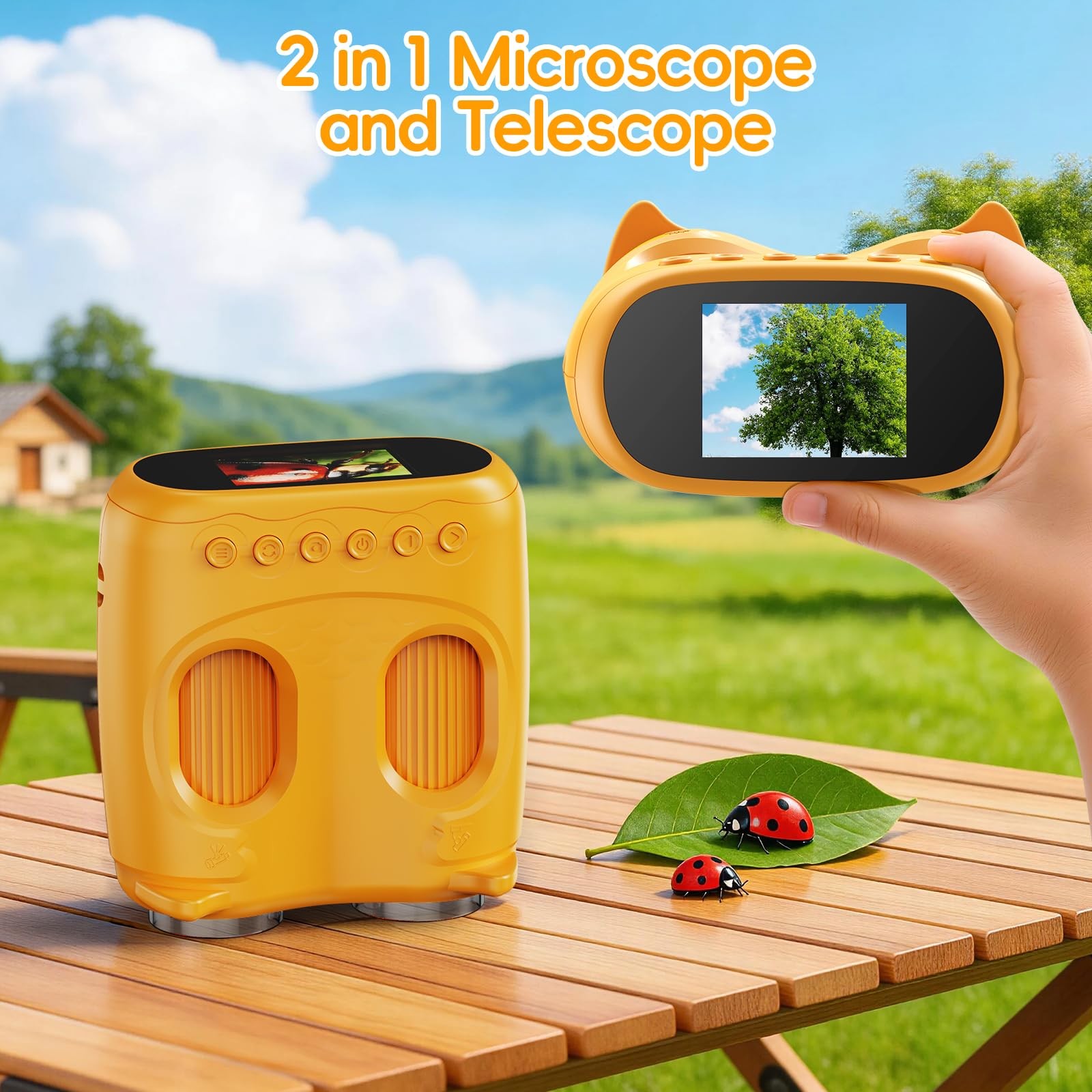 2-in-1 Kids Microscope & Telescope, 1000X, 2" IPS(Yellow)