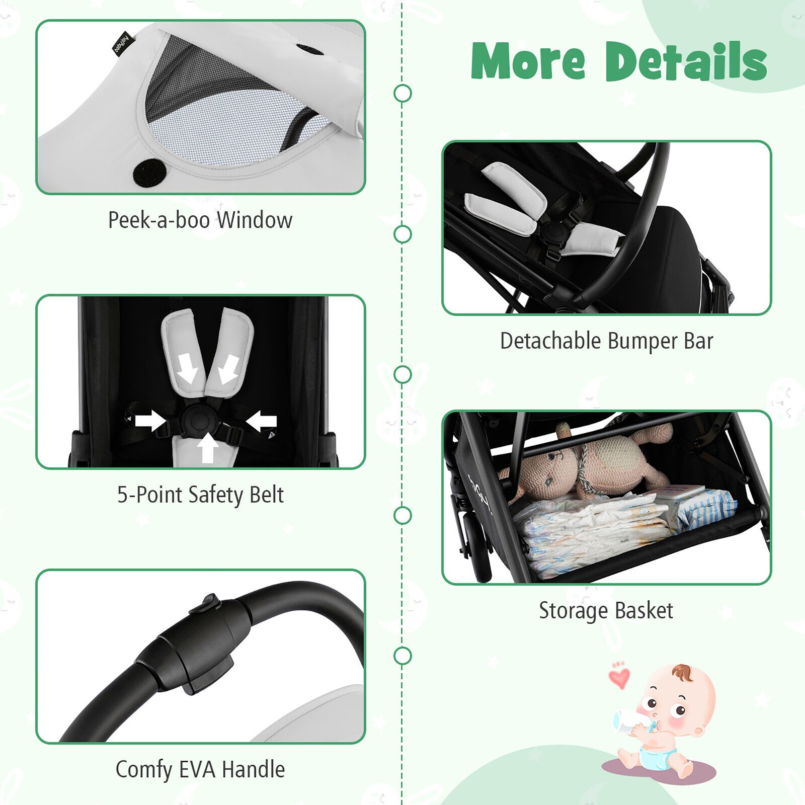 Portable Baby Stroller One-Hand Fold Pushchair W/ Aluminum Frame Grey