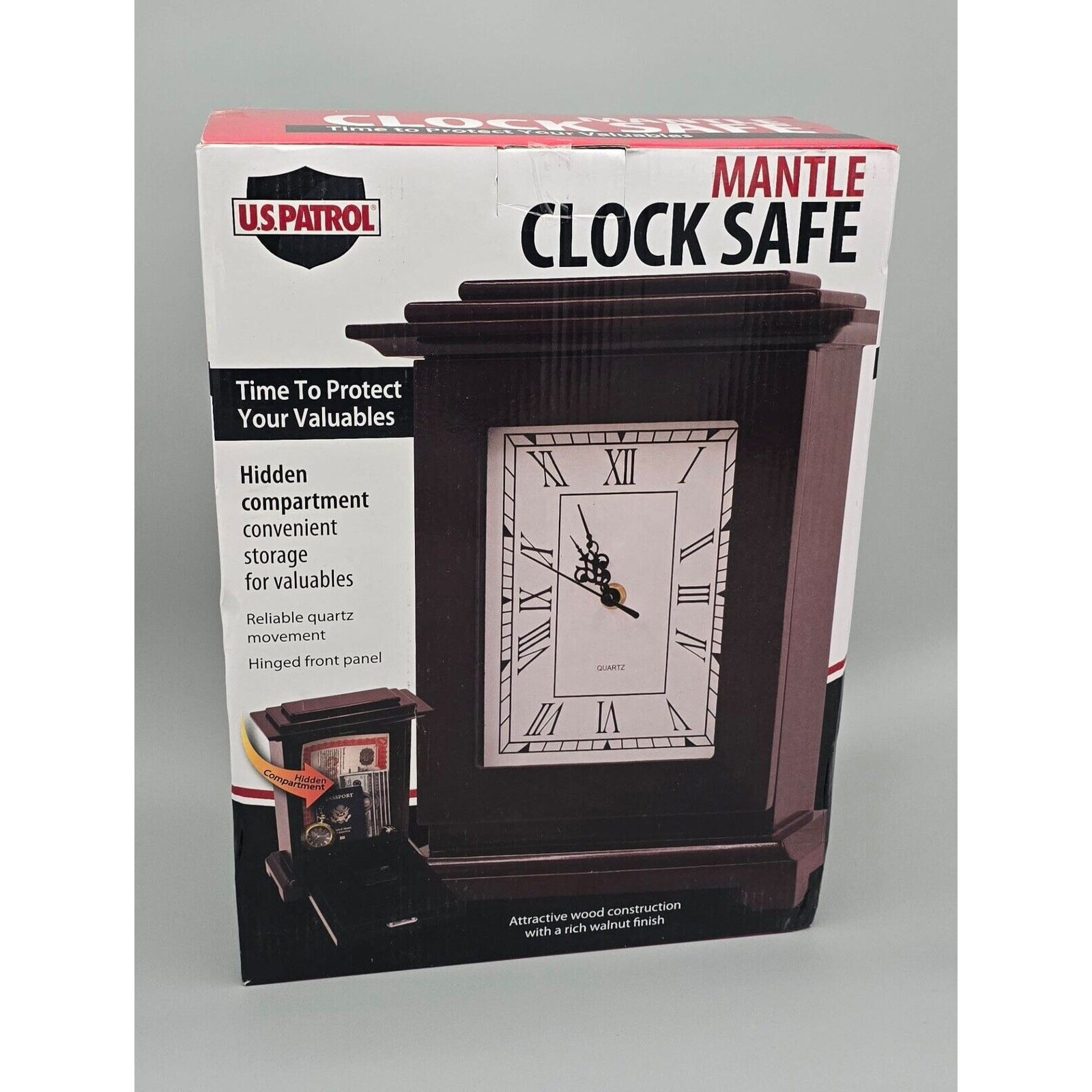 New In box U.S. Patrol Mantle Clock Safe Brown w/Hidden Back Panel
