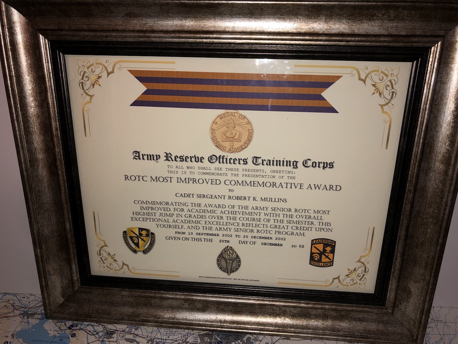 ARMY R.O.T.C. / MOST IMPROVED COMMEMORATIVE AWARD CERTIFICATE