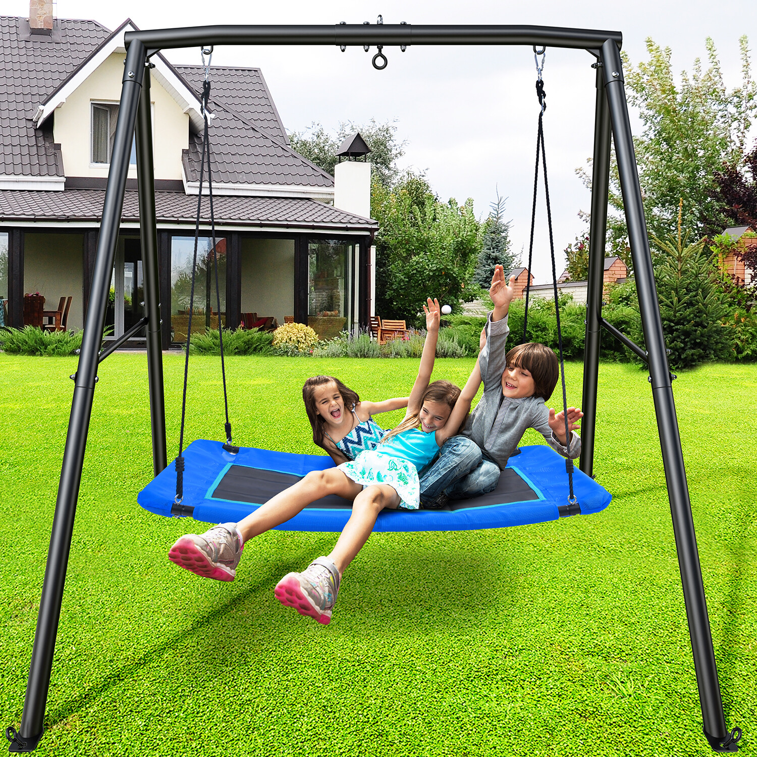 440lb Heavy-Duty Metal Playground Swing Set for Backyard with 60" Platform Swing