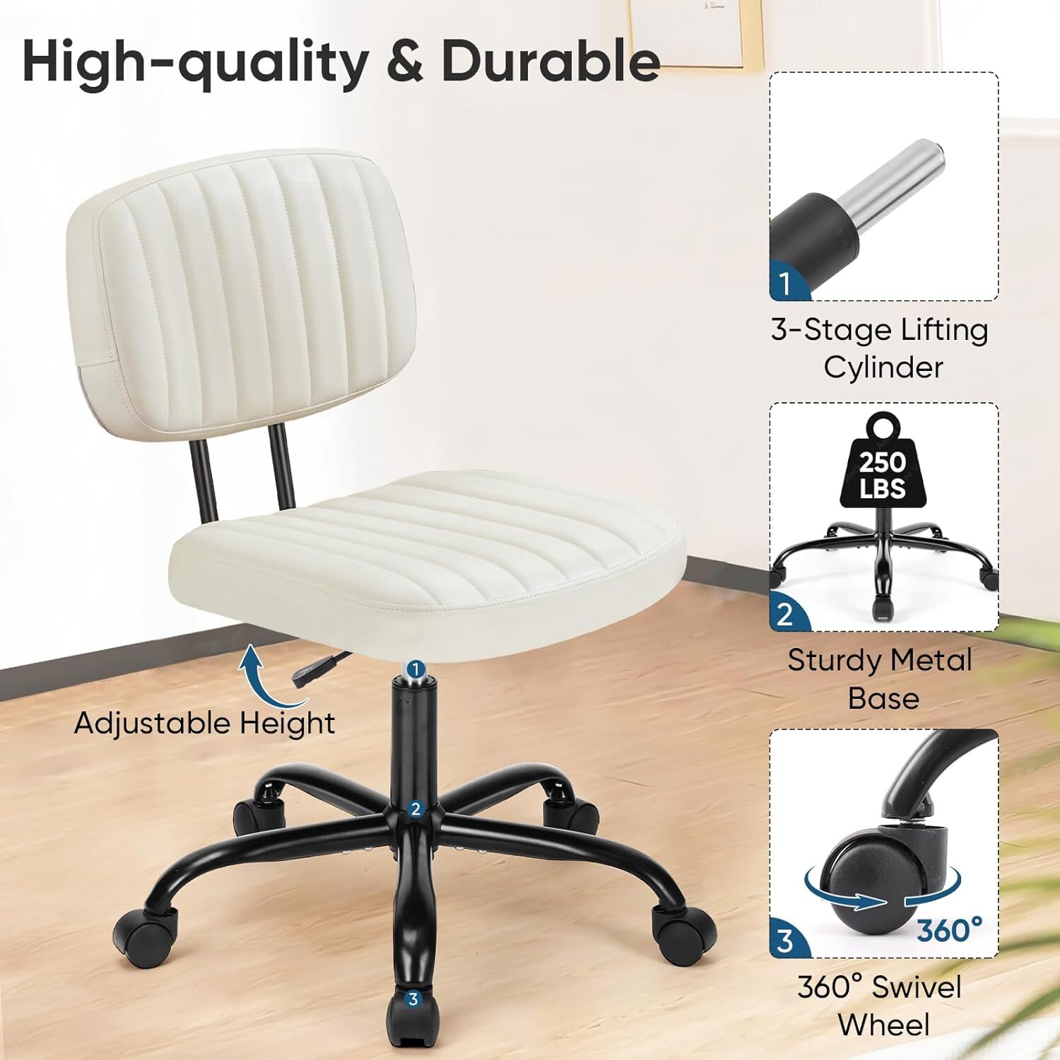 Home Office Swivel Chair No Armrests PU Leather Chair w/ Low Back Lumbar Support