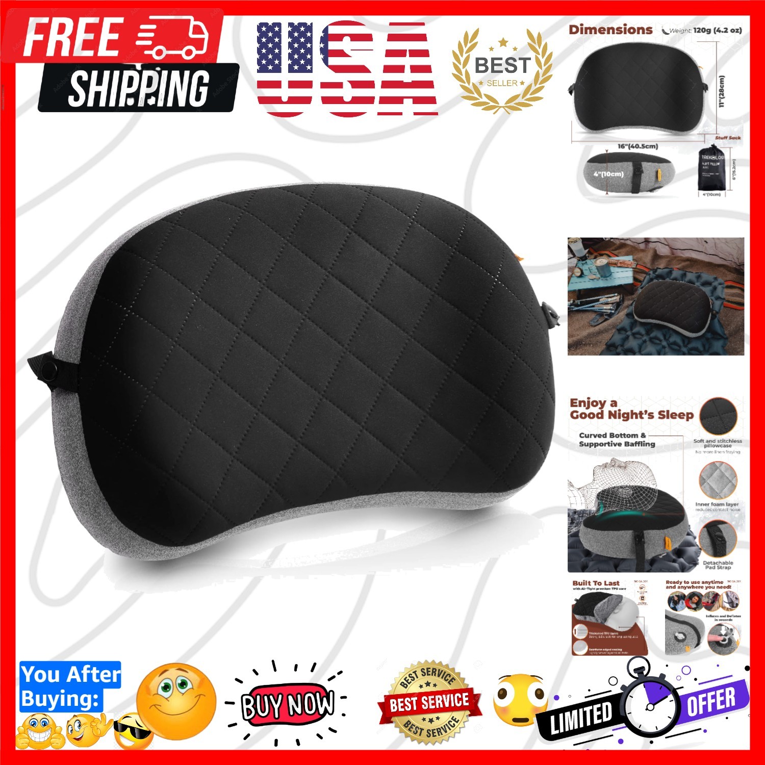Compact Inflatable Camping Pillow with Removable Cover for Ultimate Comfort