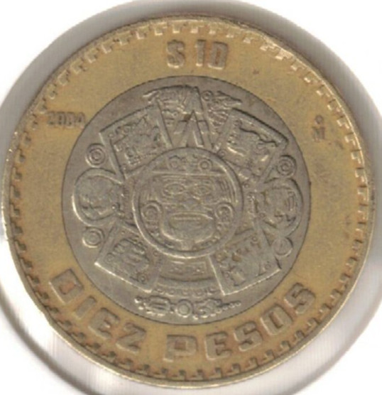 2004 Mexico 10 Pesos Circulated Bi-color Metal Sun Stone Coin!