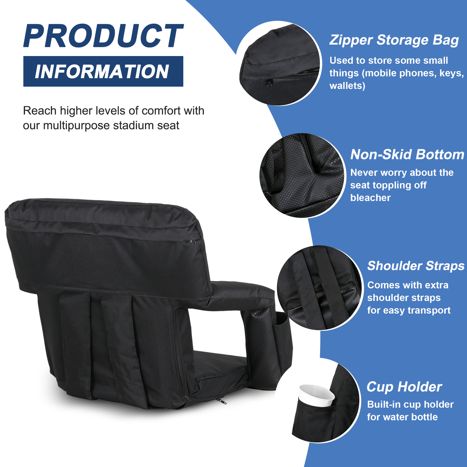 20" Reclining Stadium Seat Chairs with Backrest and Armrests for Bleachers Black