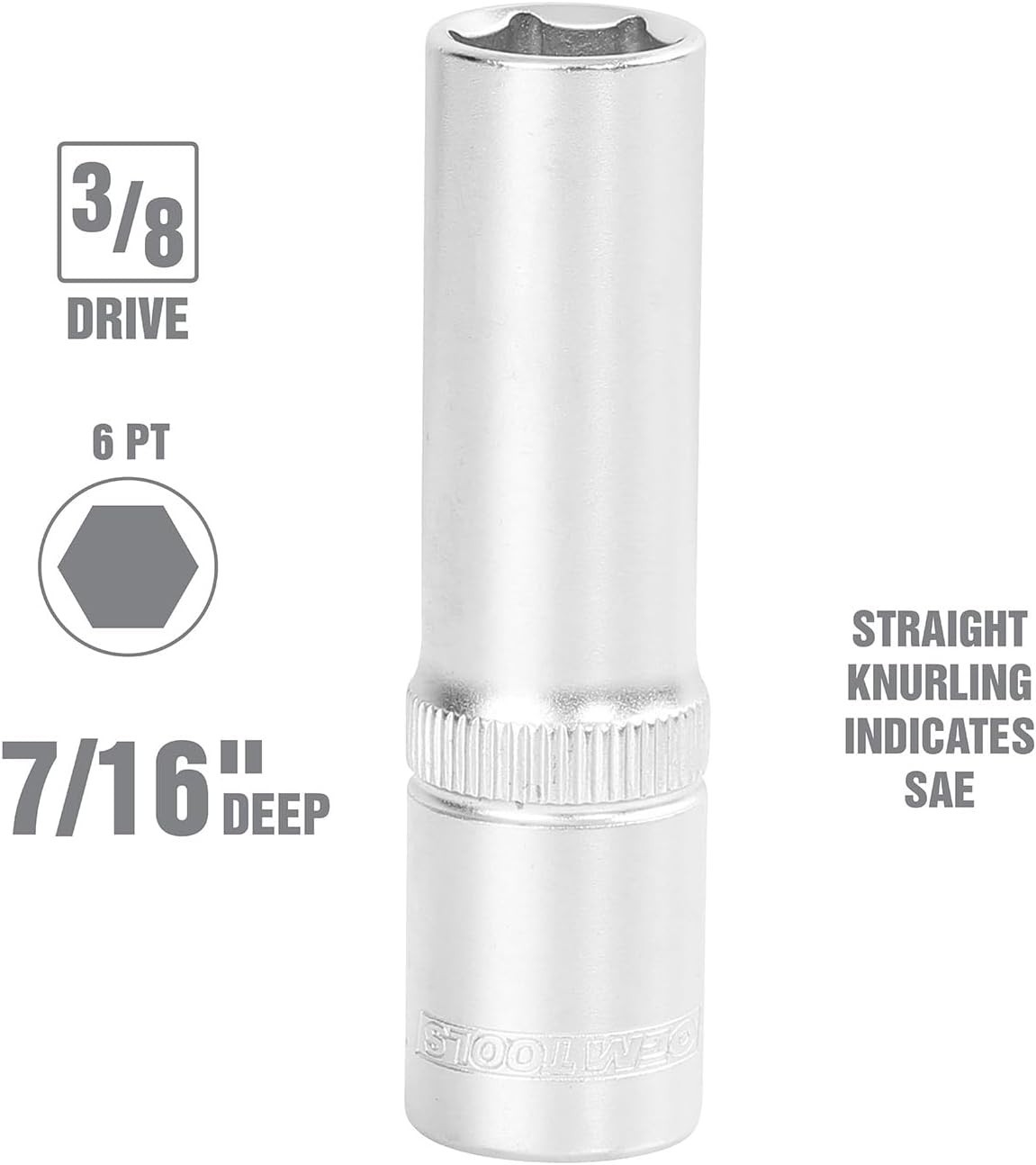7/16" Deep Socket, 3/8" Drive, Thin Wall Design, Hex Automotive Tool