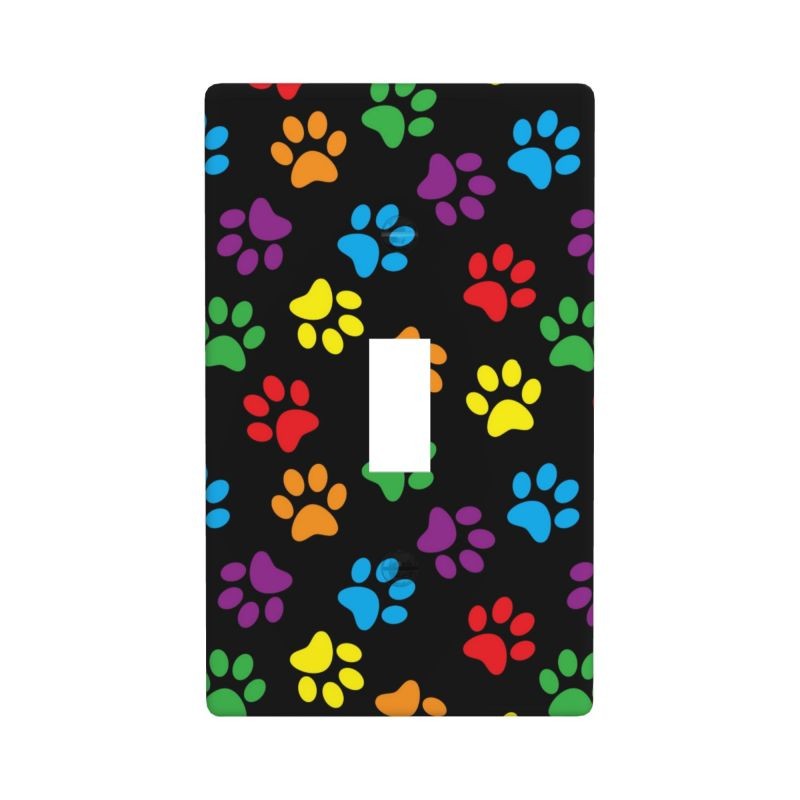 Colorful Dog Paws on Black Home Wall Plate Decor Light Switch Plates and Outlets