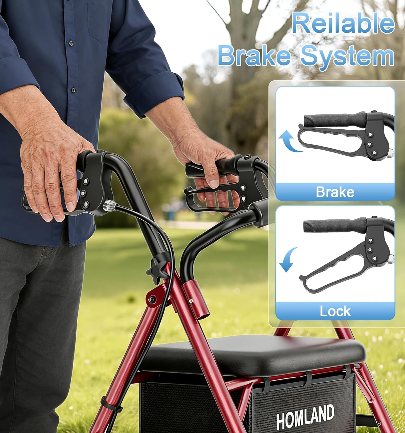 Lightweight Rollator Walker with Seat 4 Wheels Adjustable Height 300lbs Red