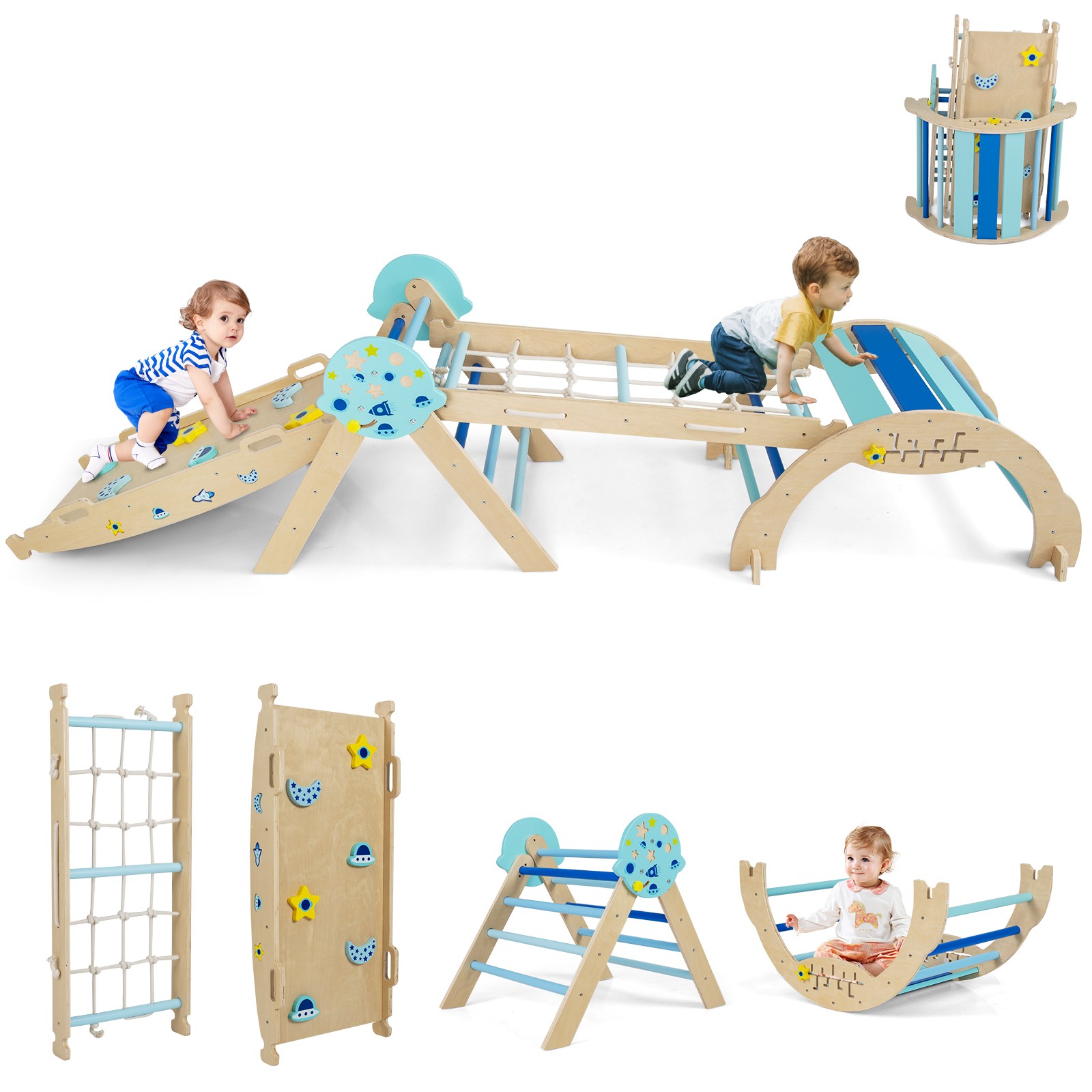 Spaceman Theme Wooden Montessori Climbing Set w/Arch Ramp Climbing Rope & Ladder