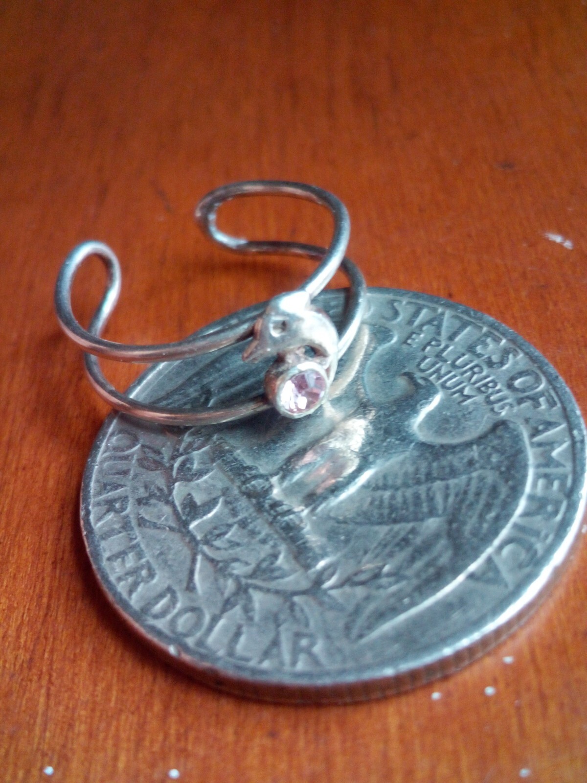 Vintage Silver Pink Rhinestone Dolphin Toe Ring Clip Unmarked Tested Silver