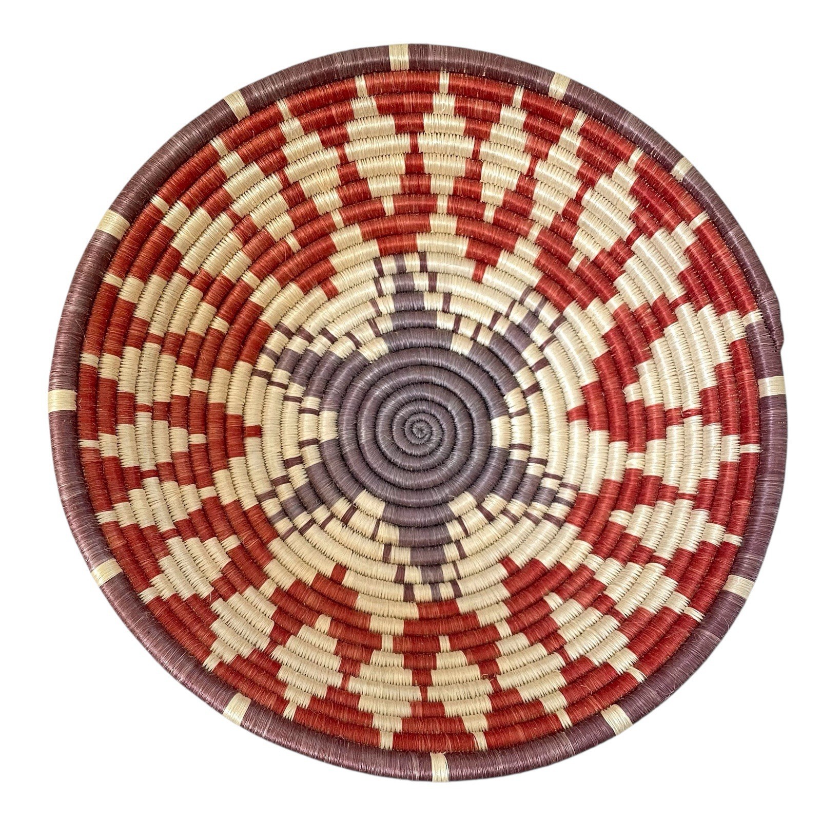 Handcrafted African Coil Basket 12” Woven. Red, Tan