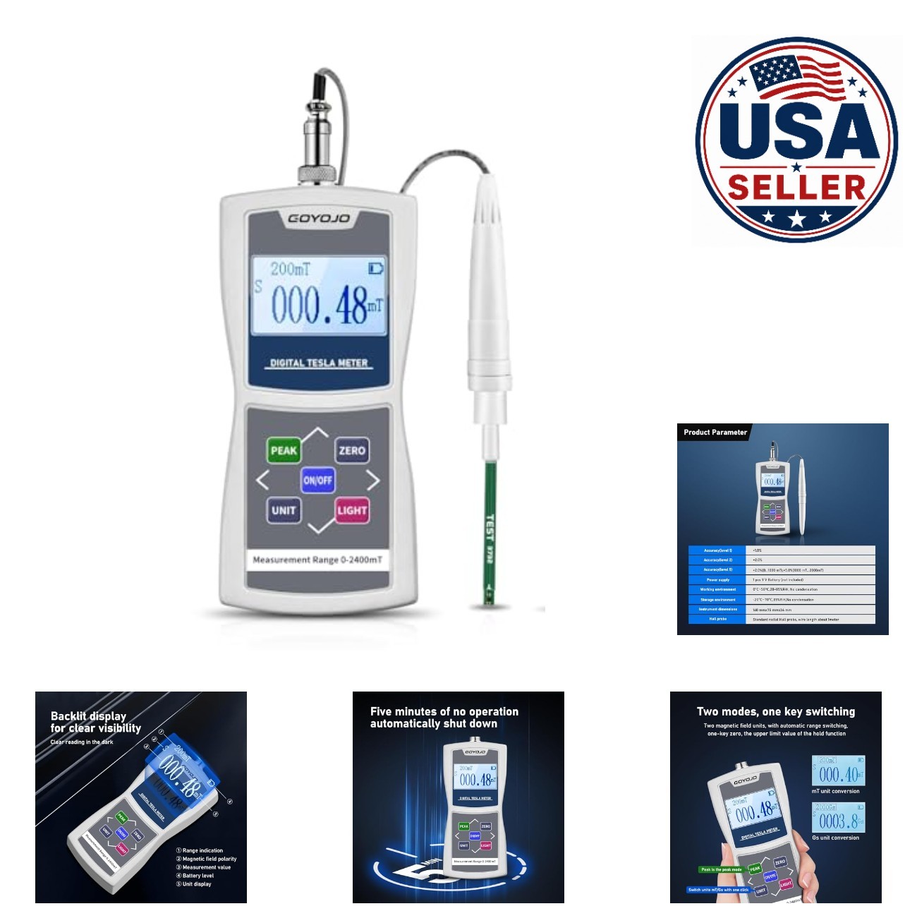 Digital Gauss Meter Magnetic Field Tester 2400mT 24000Gs DC Permanent Magnet