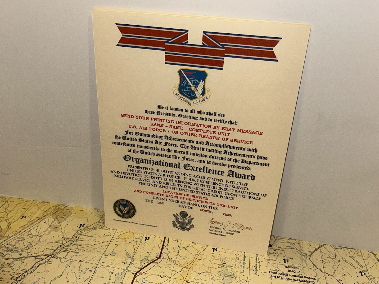 U.S. AIR FORCE / 19TH AIR FORCE - ORGANIZATIONAL EXCELLENCE AWARD CERTIFICATE