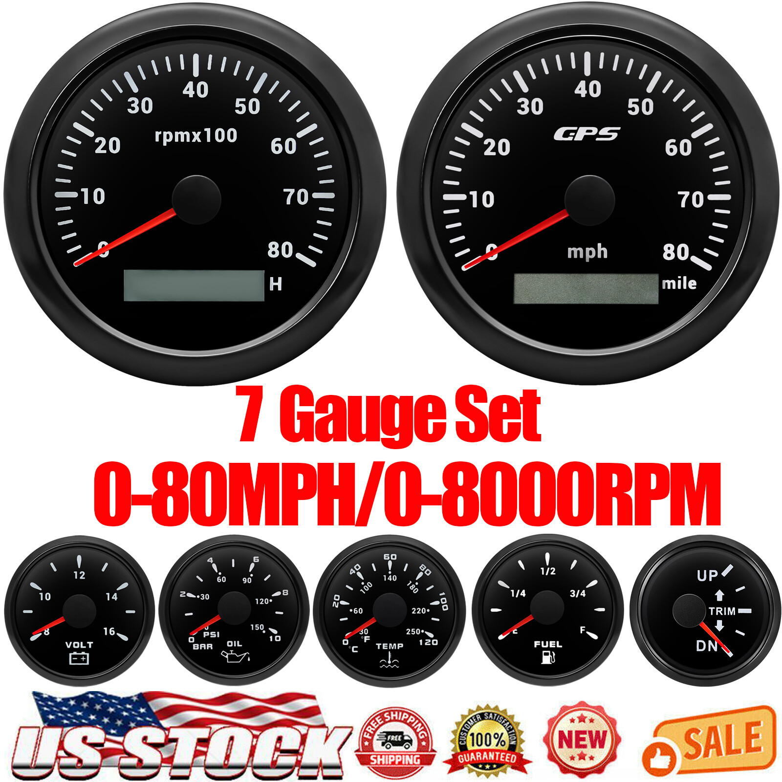 7 Gauge Set Black 85mm GPS Speedometer 80MPH Tachometer 8000RPM Gauge for Boat