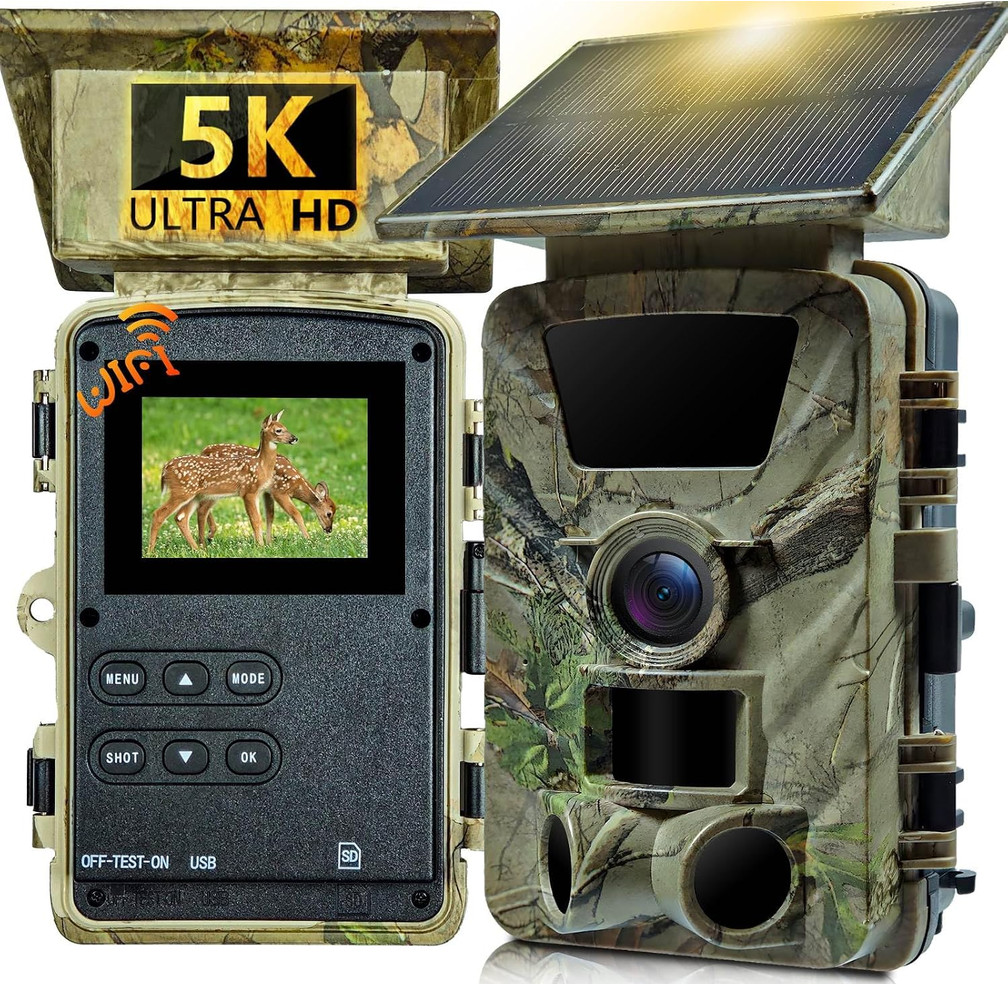 Solar Trail Camera WiFi Bluetooth - 5K 60MP Game Camera with 5200mAh Battery, Re
