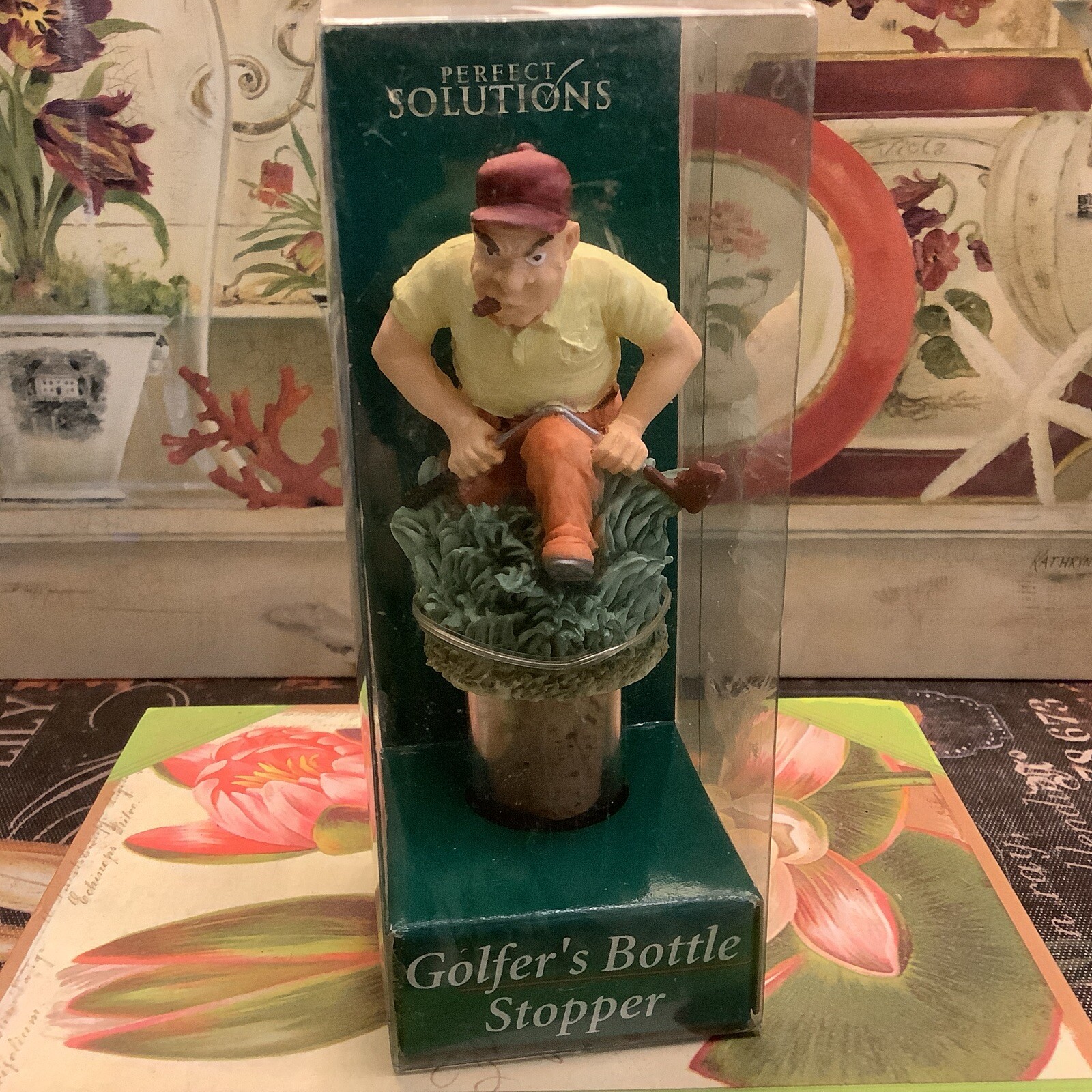 NEW~Perfect Solutions~”GOLFER’S BOTTLE STOPPER”~Handpainted~Golfer Breaking Club