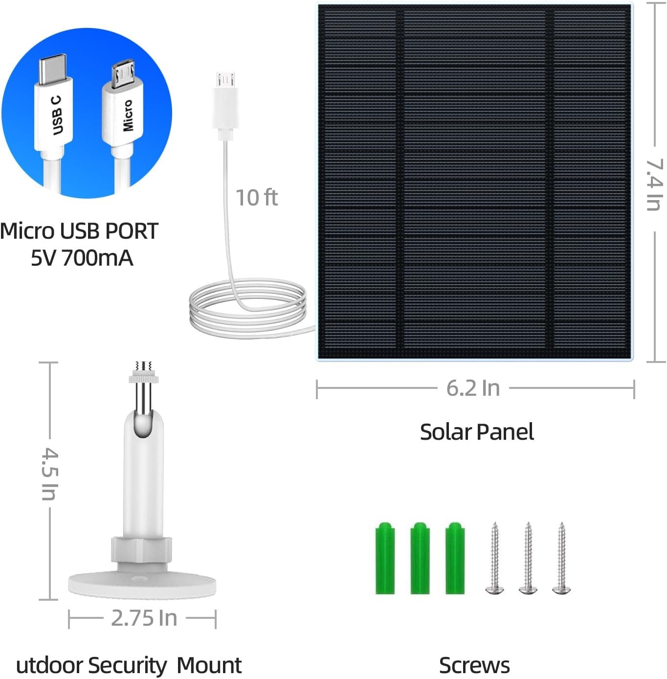 5W Solar Panel for Security Camera, Solar Panel with Micro USB & USB-C Port f...
