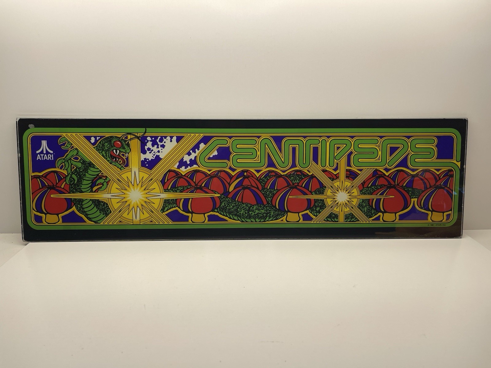 1981 Atari Centipede Arcade Game marquee sign header video glass 23.75” x6.5