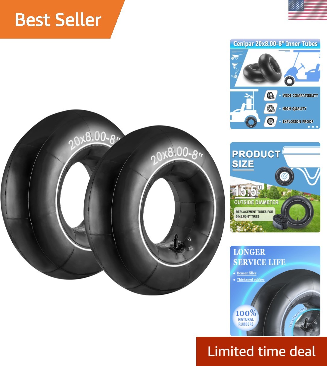 20x8-8 Inner Tubes for Tractors & Garden Carts - 60 PSI, Easy to Use - 2-Pack