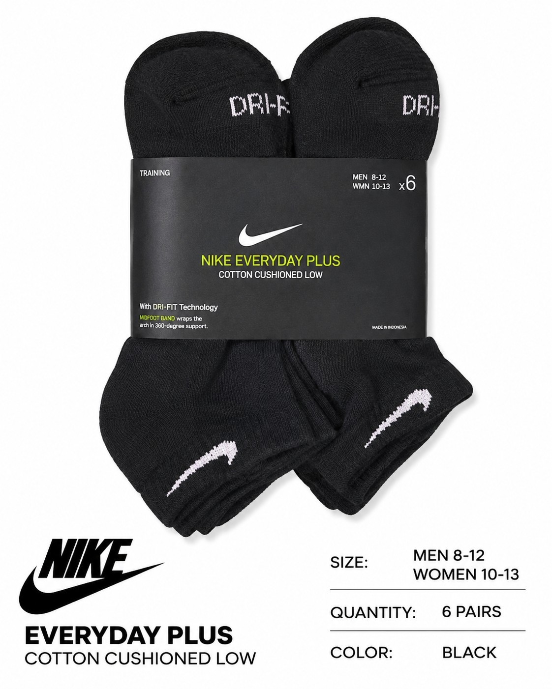 Nike Everyday Plus Low Cut Dri-FIT Cushioned Black Socks 6 Pairs Men 8-12