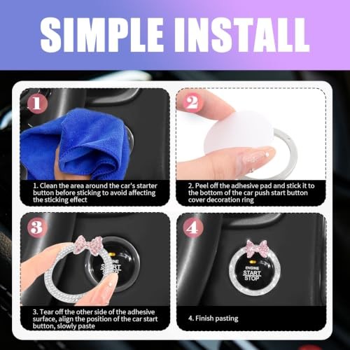 2PCS Pink Bow Car Push to Start Button Cover,Car Engine Start Button Cover |