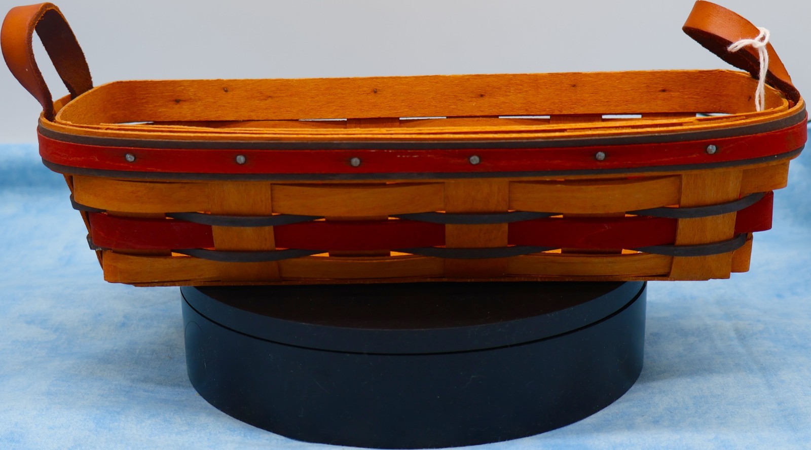 Longaberger 1993 Small Red & Charcoal Weave Basket – Leather Handles – Handwoven