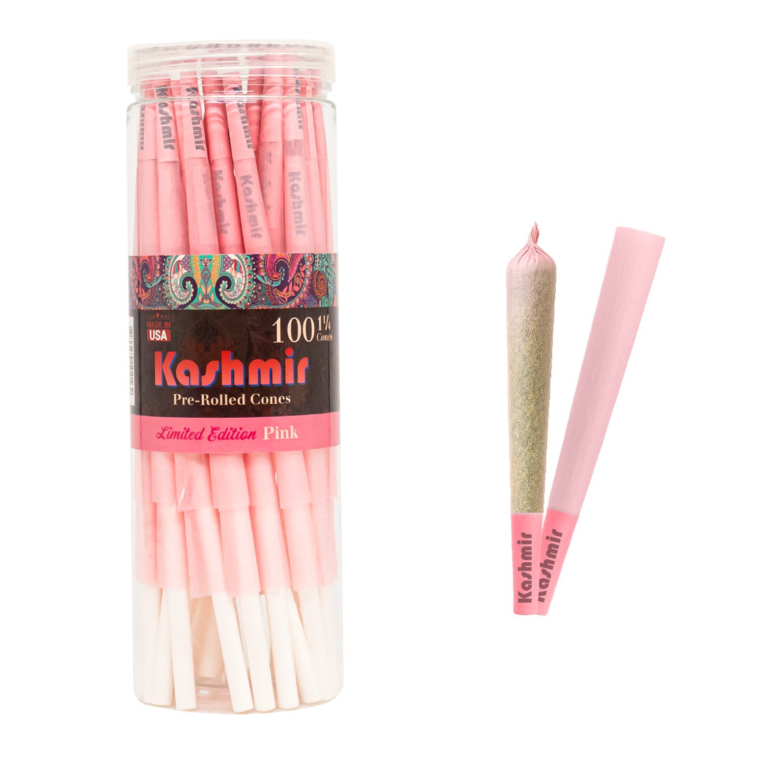 Kashmir Pre Rolled Cones Pink Rolling Papers 1 1/4 Natural Gum & Smooth 100 Ct