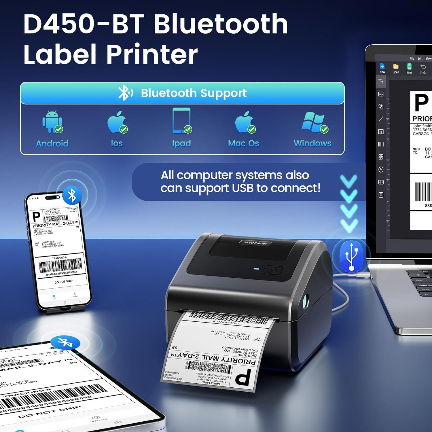 Thermal Label Printer Bluetooth 4x6 Printer for Shipping Label USPS FedEx UPS