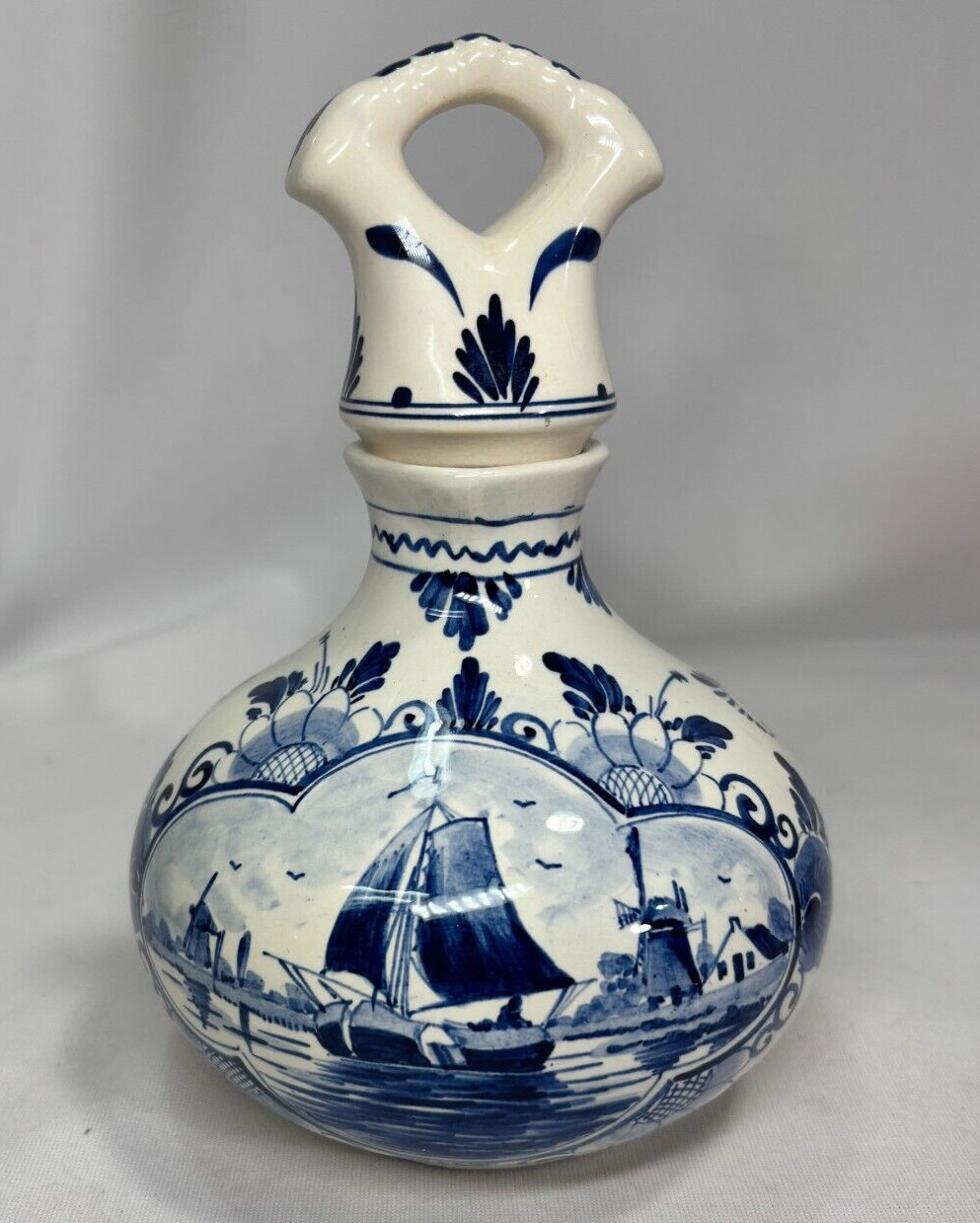 Antique ERVEN LUCAS BOLS AMSTERDAM Delft Blue Decanter 8.5” tall - SAILBOAT