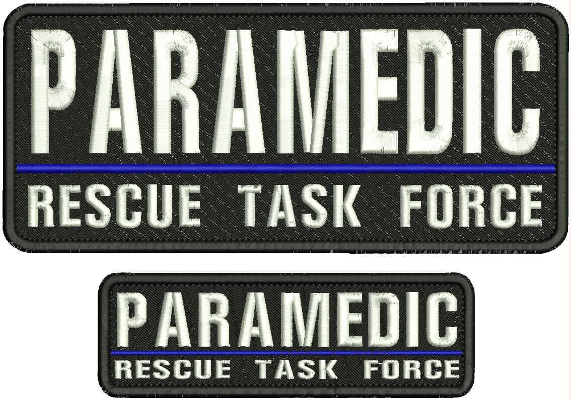 PARAMEDIC RESCUE TASK FORCE EMBROIDERY PATCH 4x9 &2x6  HOOK ON BACK BLK/WHITE