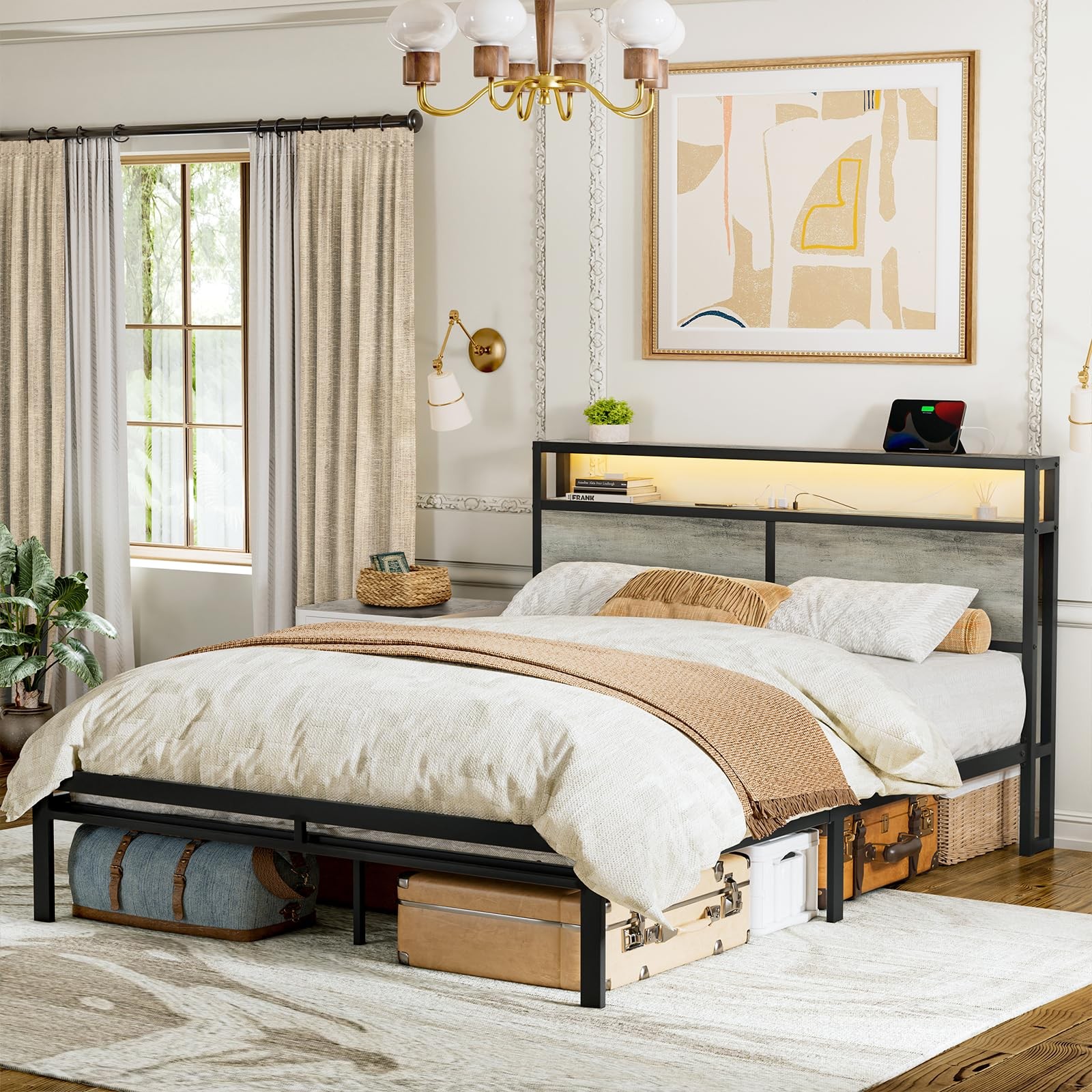 Full Bed Frame with Storage Headboard Metal Platform Bed with Lights, USB Por...