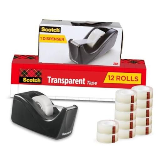 Scotch Transparent Tape with C60 12 Rolls + Dispenser 12 Rolls + Dispenser